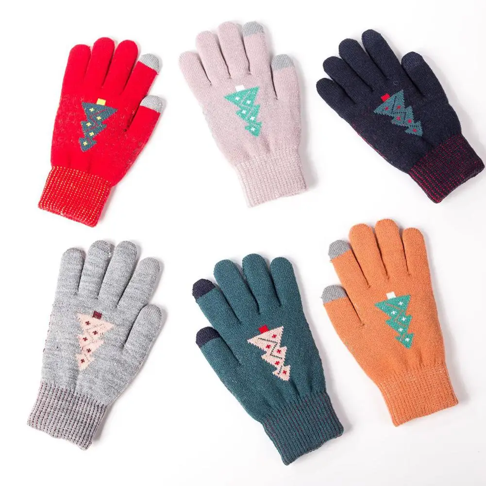 MISSKY зимние женские перчатки жаккардовые вязаные перчатки с сенсорным экраном милые маленькие деревья термоперчатки