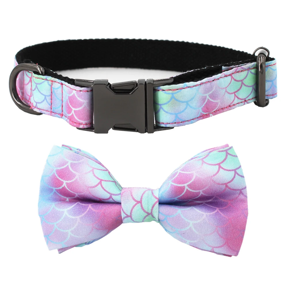 

Dream Mermaid Pattern Dog collar with bow tie personal custom adjustable pet cotton dog &cat gifts