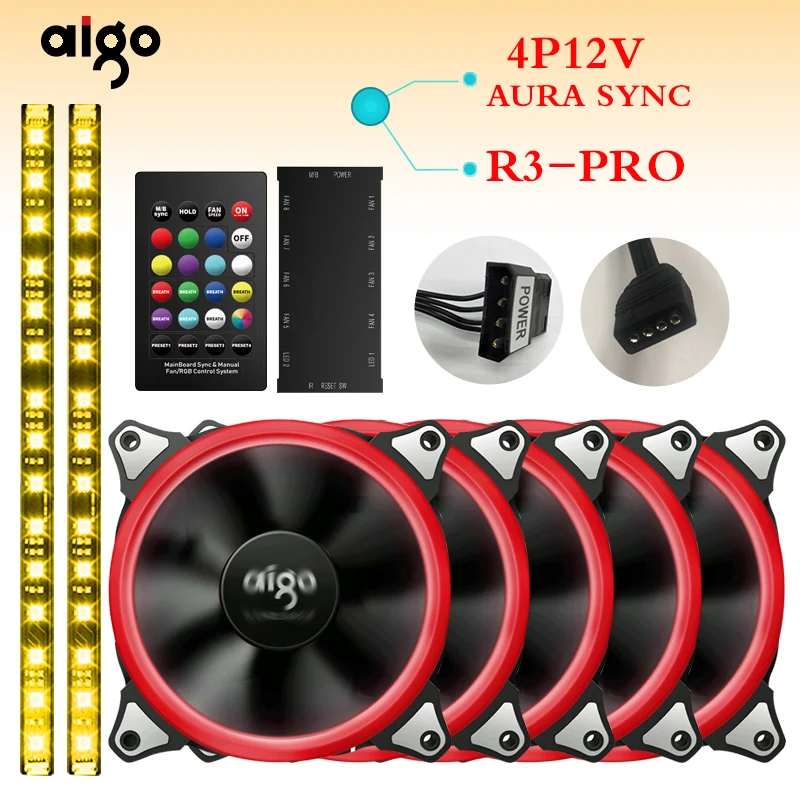 Aigo R3pro RGB чехол вентилятор 4 P-12 v aura синхронизация вентиляторы тихий ИК-пульт дистанционного компьютера кулер вентилятор охлаждения компьютера 12 см вентилятор