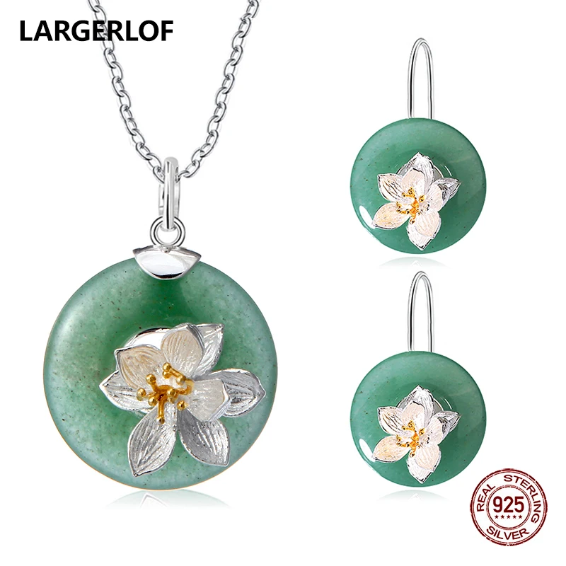 

LARGERLOF 925 Sterling Silver set jewelry Women Handmade Jade Earrings Pendant Silver Jewelry 925 Jewelry set JS50001