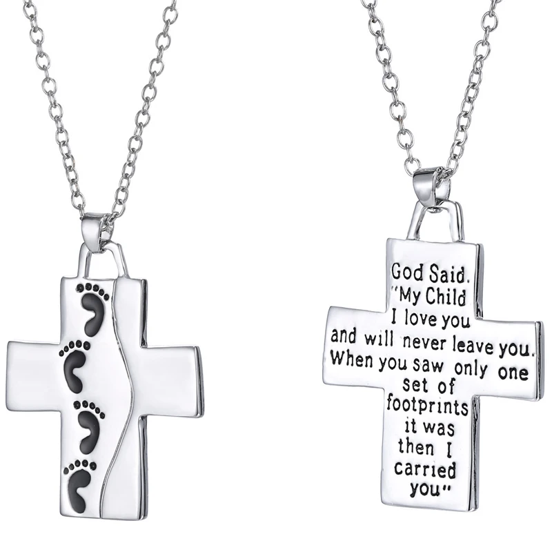 

God Said on Back Footprints Cross Pendant Necklace Will Never Leave You Prayer Cross Necklace Jewelry Gifts For Women Men Kids