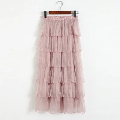 

OLGITUM 2018 Spring New Arrival Korean Elastic Waist Joint Gauze Cake Skirt Ball Gown Cute Causal Women Skirt Long 3 COLOR SK128