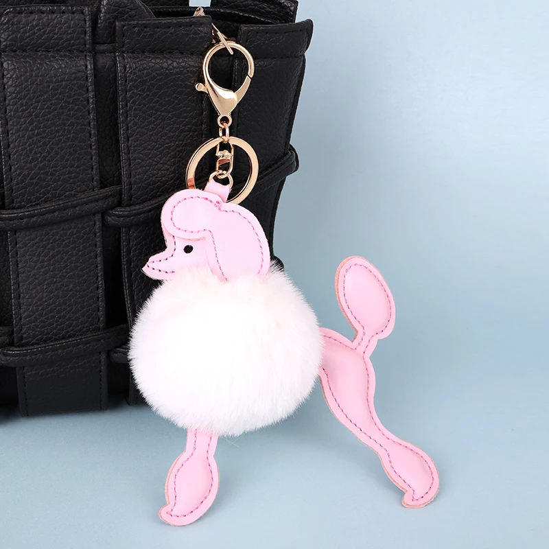 Poodle Dog Keychains Pompom Faux Rabbit Fur Ball Leather for Women Car