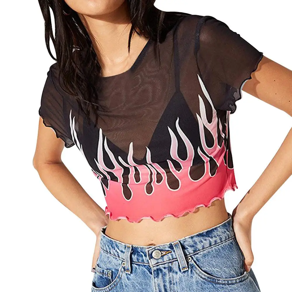 

Women O-Neck Crop Top Short Sleeve Ruched Hem Flame Print Mesh Perspective Short Black Fashion Summer Female Streetwear Blouse