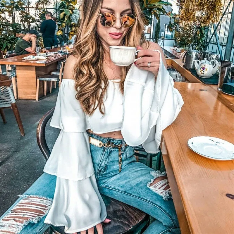 2018 Autumn Women White Off Shoulder Chiffon Shirts Slash Neck Flare Sleeve Sexy Tees Casual Long Sleeve Ruffle Crop Tops Blouse Blouses