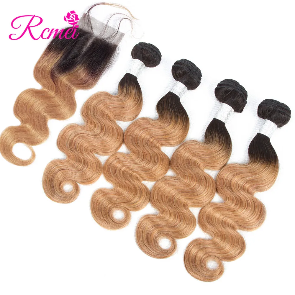 Rcmei Ombre Honey Blonde Bundles With Closure Brazilian Body Wave Pre-Colored T1B/27 Hair Weave 4 Bundles With Clousre Non Remy