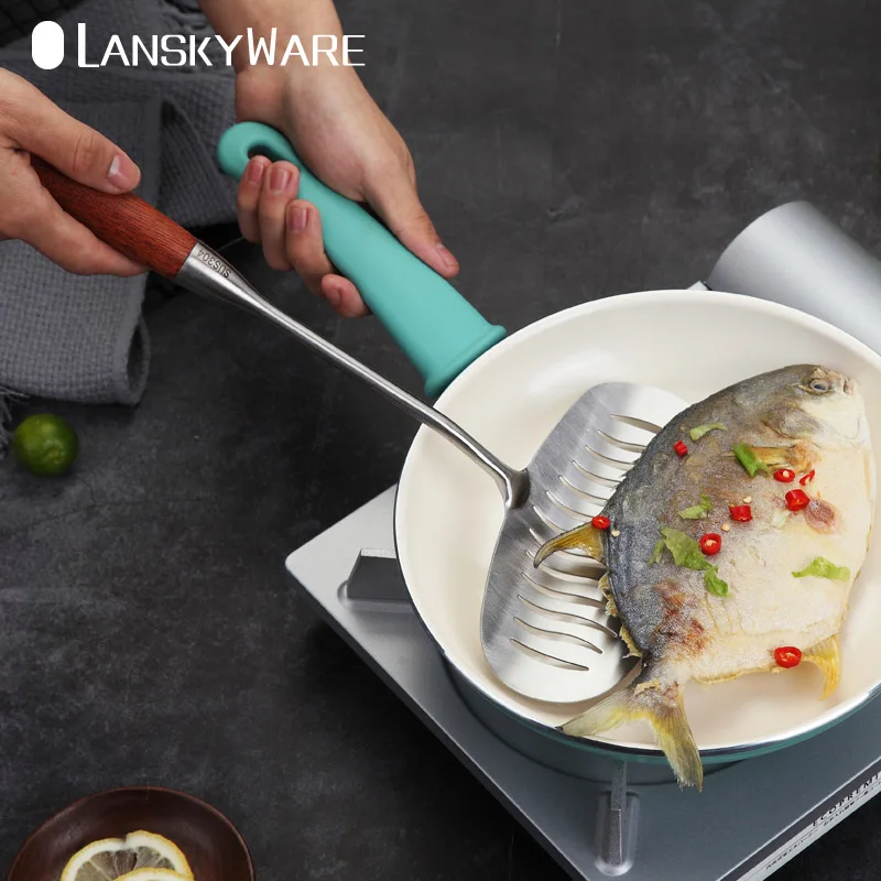 LANSKYWARE 304 Нержавеющая сталь шпатель ковш Нескользящая деревянная ручка кухонная