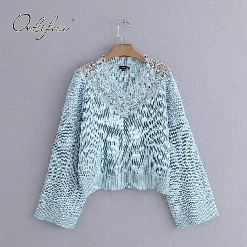 

Ordifree 2018 Autumn Women Winter Sweater Casual Jumper Blue Long Sleeve Lace Knitted Sweater Pullover Pull Femme