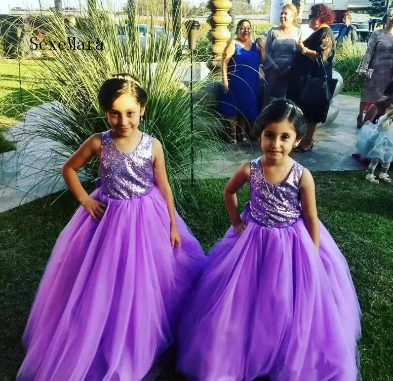 

Crisis Cross Back Sequined Top Flower Girl Dress with Bow Designed For Girls Party Kids Formal Wears Jewel Neck Sleeveless Long
