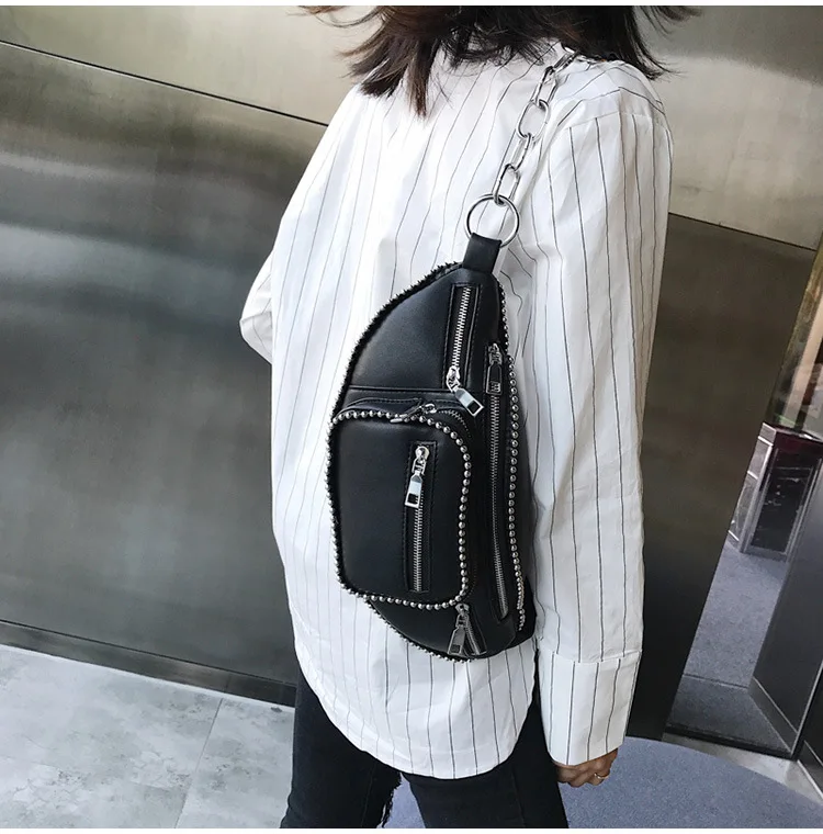 LJT Luxury Design Women PU Leather Waist Bag Female Rivet Casual Fanny Packs Belt Bag Handbag and Purse Female Mini Chest Bags