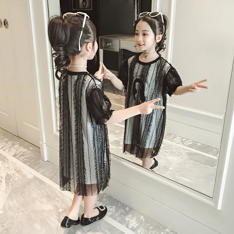 

Girls dress Toddler girls tops Summer 2019 Casual Loose tshirt-dress Knitting and Mesh 2 layers Fashion balck dresses girl 3-14y
