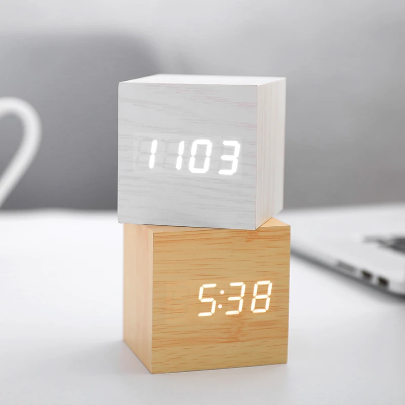 JINSUN, современные настольные часы, Звуковое управление, деревянный цифровой будильник, квадратный стиль, с одним лицом, активированные часы, умные, despertador