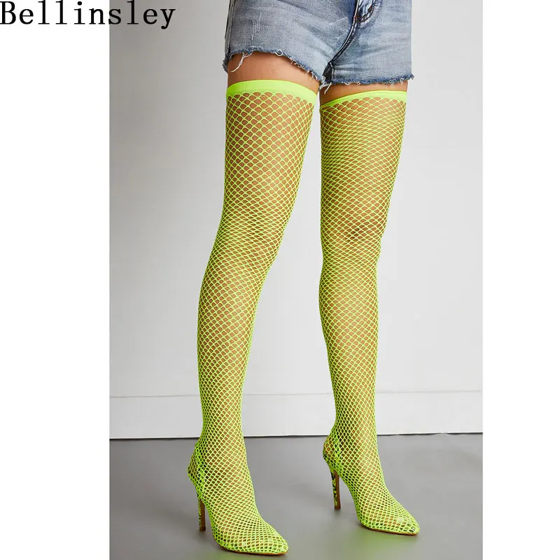 

Plus Size 35-42 Fluorscent Transparent Mesh Over-the-Knee Thigh High Boots For Women Pointed Toe High Heels Sock Boots Pumps