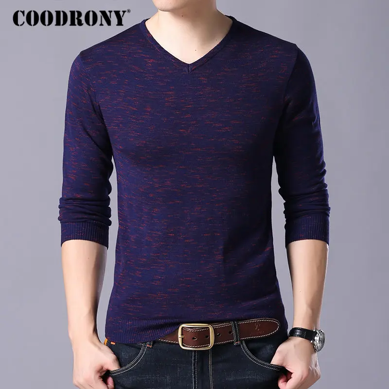 COODRONY, свитер, пуловер, Мужская одежда,, осень, зима, Вязанные шерстяные свитера, Повседневный, облегающий, v-образный вырез, хлопок, Pull Homme Top 8215 - Цвет: Purple Blue