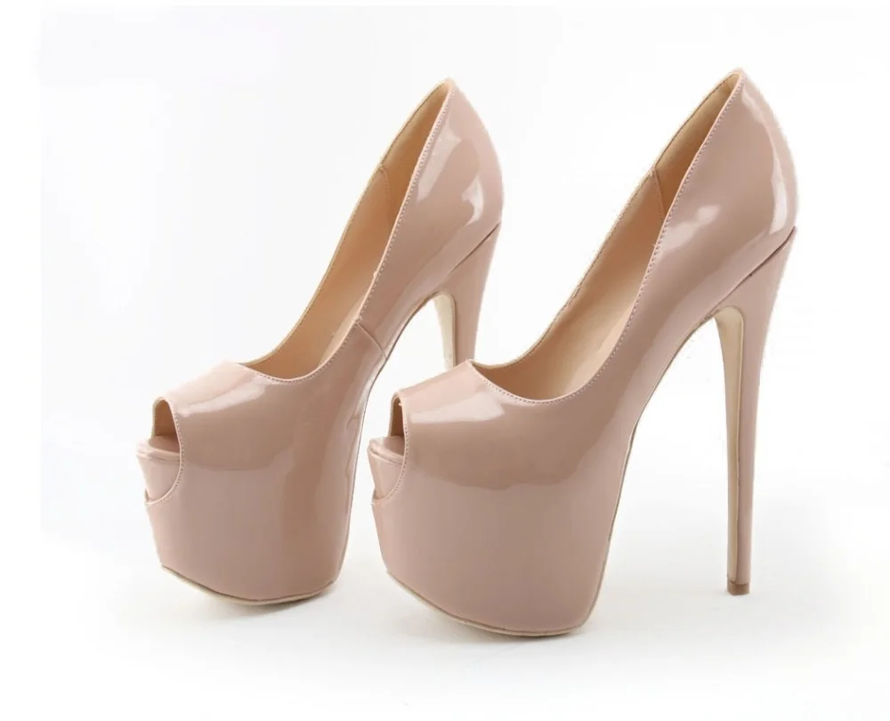Nude Patent Leather High Heeled Pumps For Women Spring Autumn Peep Toe Dress Shoes 16CM High Platform Slip-on Shoes Big Size Nude Patent Leather High Heeled Pumps For Women Spring Autumn Peep Toe Dress Shoes 16CM High Platform Slip-on Shoes Big Size