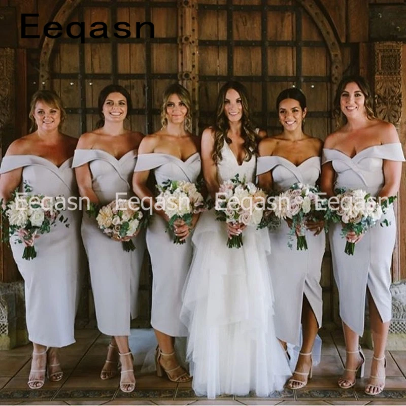 

Short Bridesmaid Dresses V Neck Sheath Tea Length Elegant Wedding Guest Dress 2019 Custom Made Gowns Party For Women Wholesale