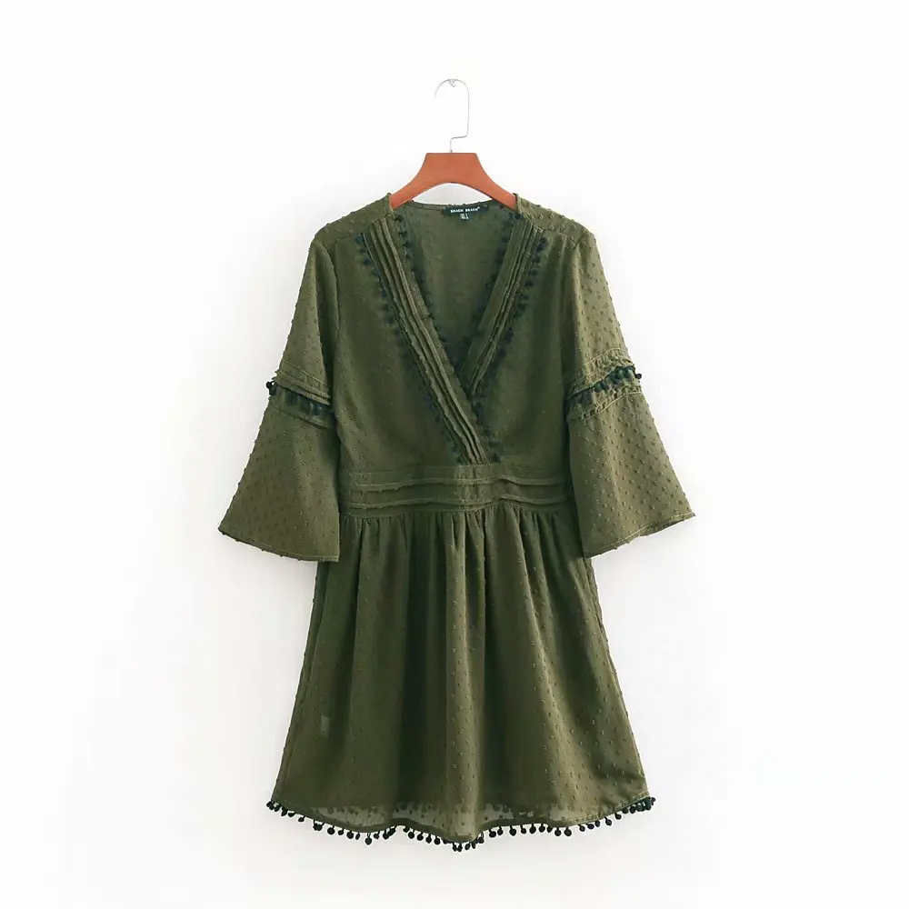 Женское весеннее X-Neck tassel платья три четверти рукав мягкое платье Готика