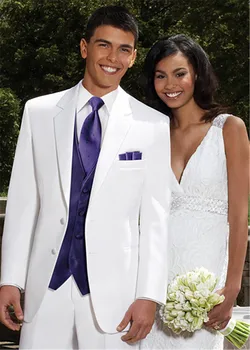 

High Quality White custom made Groom Tuxedos Notch Lapel Best Man Suits Groomsmen Men Wedding Suits ( jacket+Pants+vest+tie)