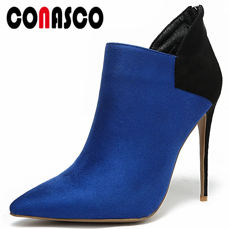 

CONASCO 2019 Winter New Mixed Colors Flok Women Ankle Boots Fashion Elegant Zippers Thin Heels Women Pumps Party Office Shoes