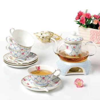

Tea Set Porcelain Heatable Glass Teapot 4 Pcs Tea Cup Top Grade Bone China Heat-resistant transparent teapot with Saucer