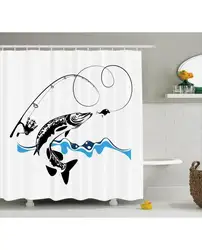 Рыба Душ шторы рисованной книги по искусству морской печати для ванная комната водостойкий и плесени набор Крючки