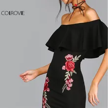COLROVIE Summer Dress Women Black Sexy Off Shoulder Embroidery Party Dresses 2017 Rose Applique Ruffle Elegant Bodycon Dress