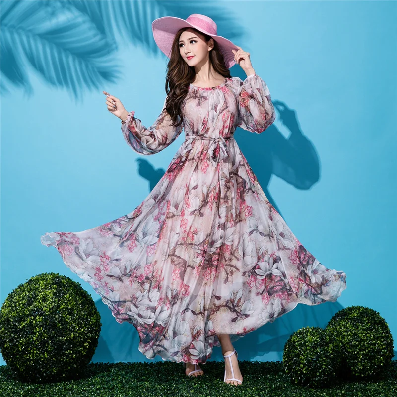 Emoyi Women Floral Print Vintage Soft Chiffon Maxi Boho Long Skirt Beach Dress
