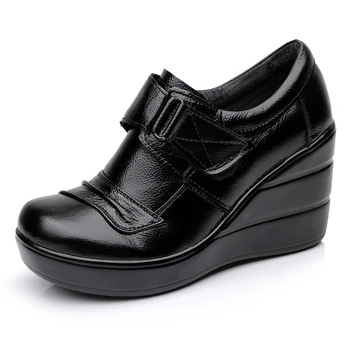 

Cowhide Genuine Leather Platform Spring And Autumn Deep Mouth Single Shoes High Heels Platform Women Shoes Wedges