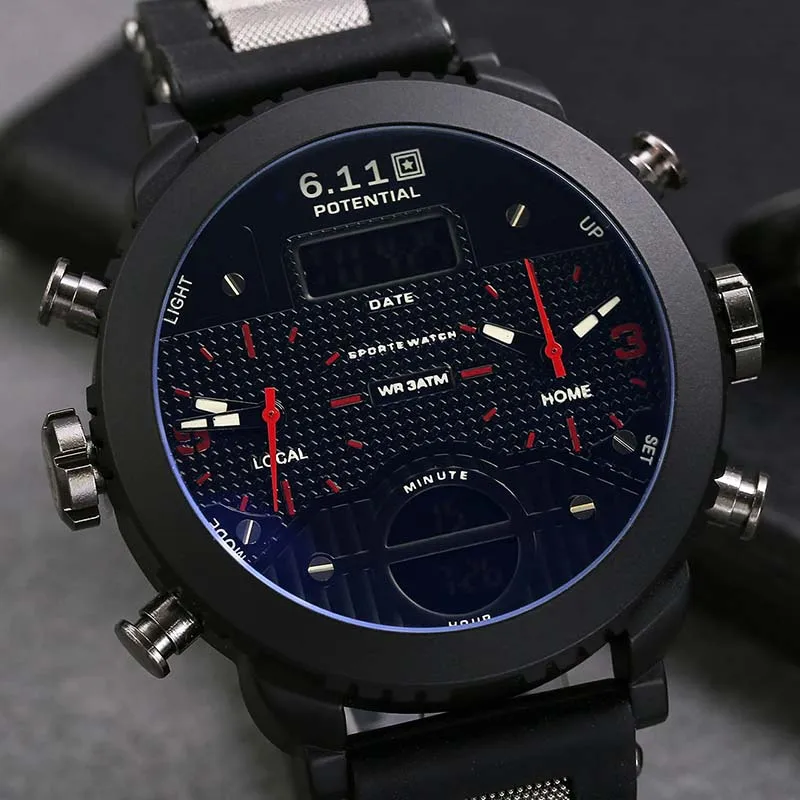 Relógio de Pulso de Quartzo do Esporte Militar dos Homens Relógios para Homem Fuso Horário Digital Grande Relógio Masculino 3 Led