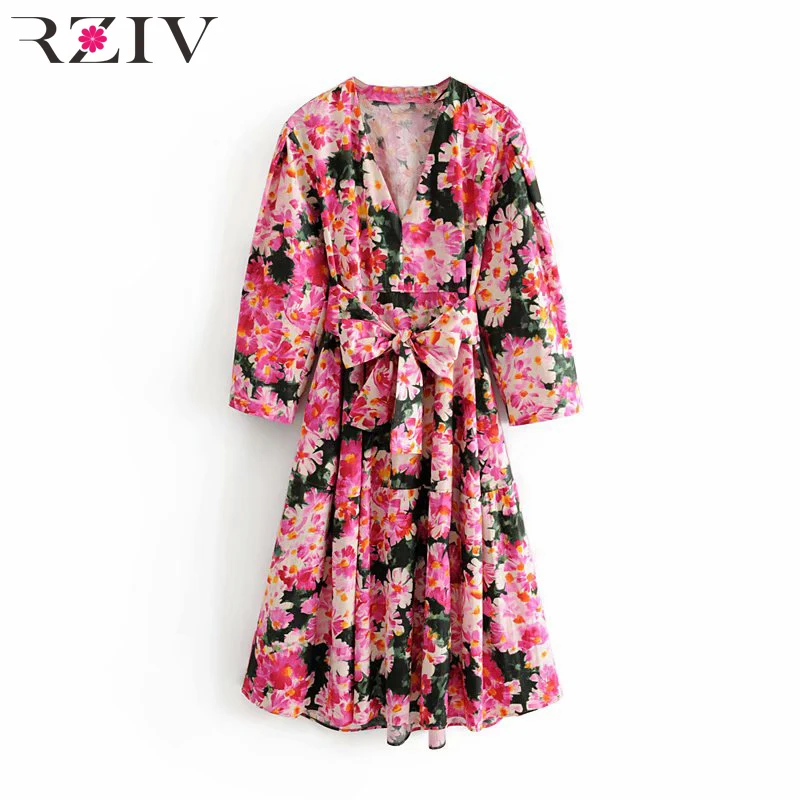 RZIV النساء عارضة فستان صيفي زهرة طباعة القوس الديكور الخامس الرقبة طويلة الأكمام اللباس Vestidos