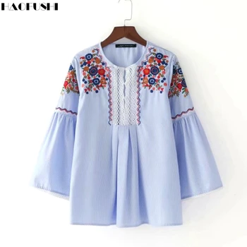 European 2017 women vintage fashion flower Embroidery Striped Shirt blouses lace Ruffle tops retro roupas femininas shirts