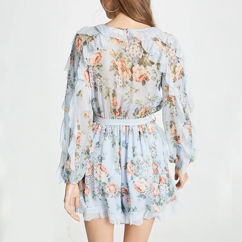 TWOTWINSTYLE-Spring-Print-Polka-Dot-Dress-Women-V-Neck-Long-Sleeve-High-Waist-Ruffles-Bandages-Mini