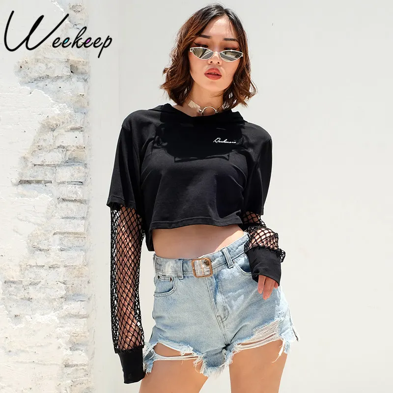 

Weekeep Black Hooded t shirt women Patchwork Long Sleeve Mesh t-shirt women's Printed t-shirt Women's 2018 Streetwear Crop Top
