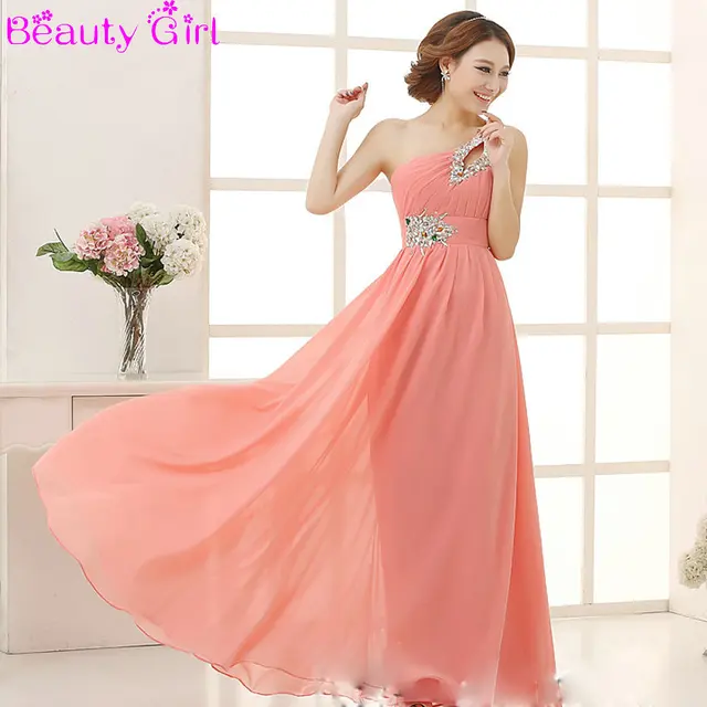 Elegant Brief Dress One Shoulder Cheap Coral Bridesmaids Dresses Long ...