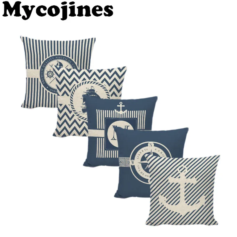 

Sea Blue Compass Cushion Cover Anchor Pattern Marine Ship 43*43cm Striped Pillowcase Decorate Living Room Couch Yard Rock Chair