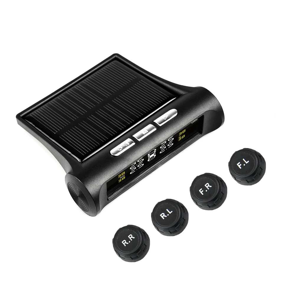 TPMS Car Tire Pressure Solar Power USB Monitoring System LCD Display 4 External Sensors Temperature Warning