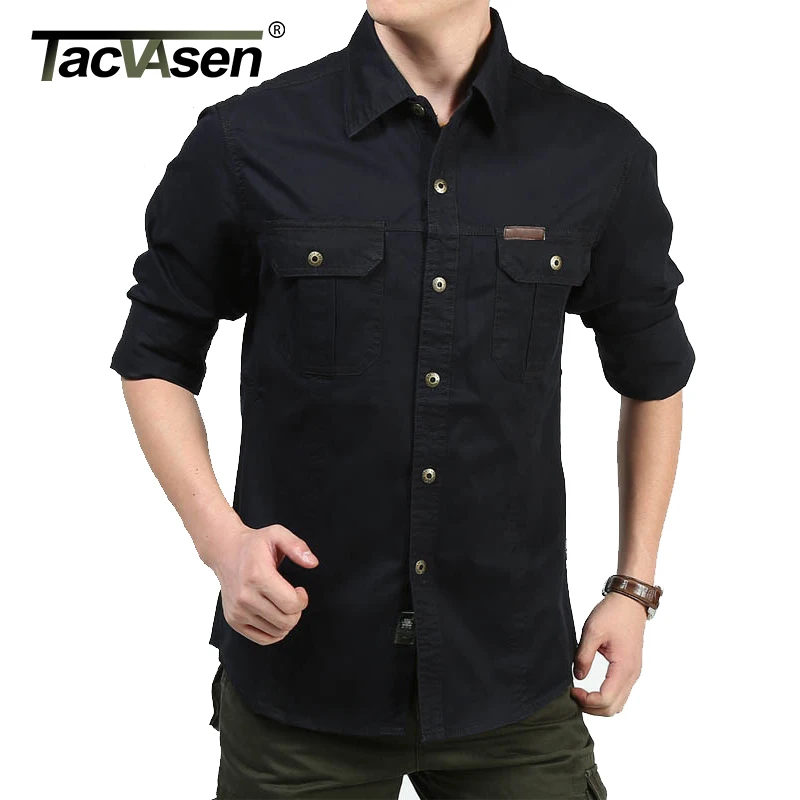 TACVASEN Men Cargo Shirts Summer Long Sleeve Cotton Work Shirts Military Army Tactical Shirts Solid Loose Man Clothing Plus Size