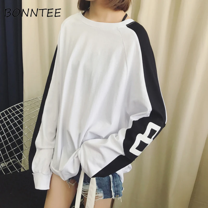 

T-shirts Women BF Hip-hop Patchwork O-Neck Batwing Sleeve Loose Womens Chic Korean Style Sweet School Casual T-shirt Girls Daily