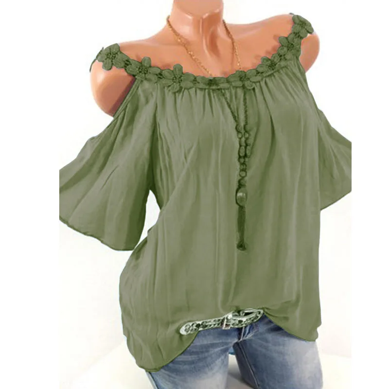 Blusas mujer de moda 2109 плечо детская одежда модного дизайна с кружевной сексуальный elegantes голые плечи, летние женские топы, большой размер для женщин 5xl - Цвет: Армейский зеленый
