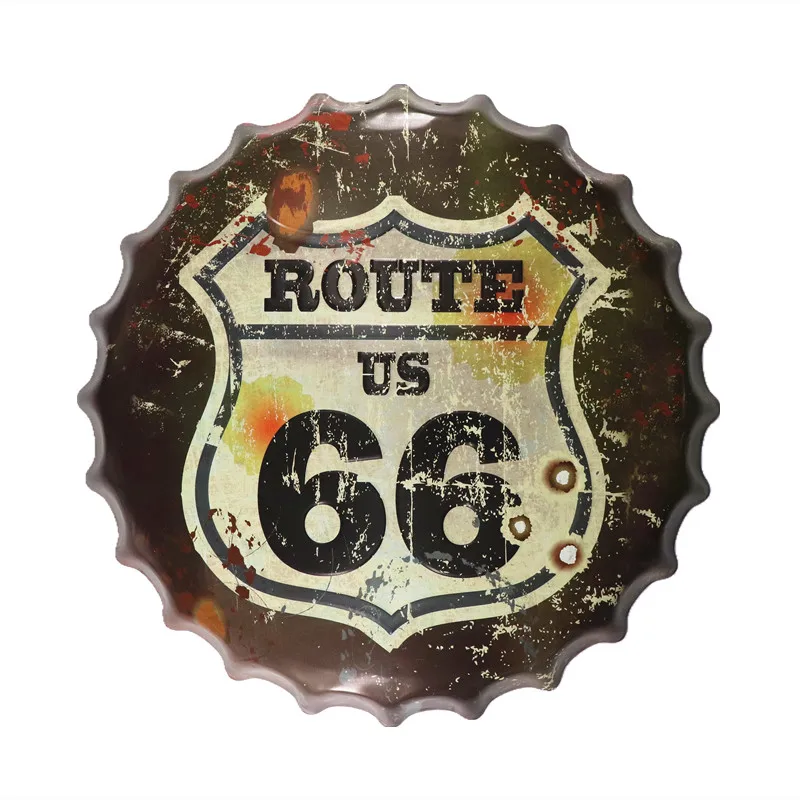 Round Route 66 Relief Bottle Cap Vintage Tin Metal Tin Signs Isle of Man Cave Home Decor Craft Wall Painting