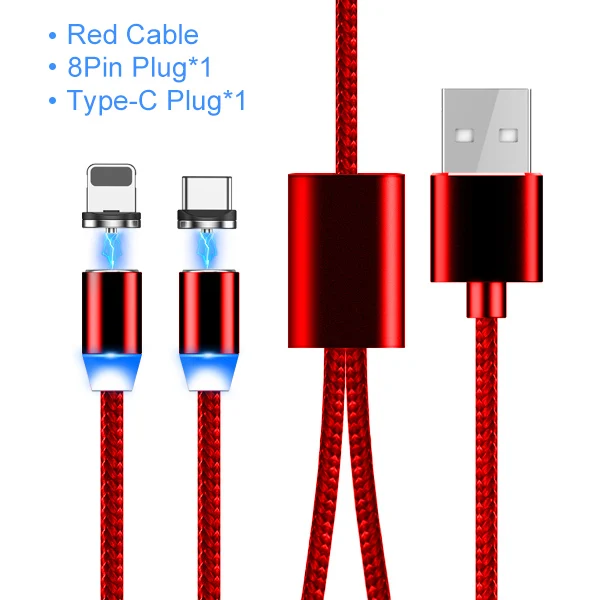 NOHON 3 in1 Магнитный Зарядное устройство кабели для IPhone X 7 8 6 плюс двойной головкой Быстрый зарядный кабель Micro Тип C для Xiaomi huawei samsung - Цвет: 2 plug 1 red cable