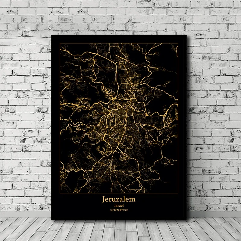 

Jeruzalem Izrael Black and Gold City Map Poster Canvas Print Home Decor No Frame