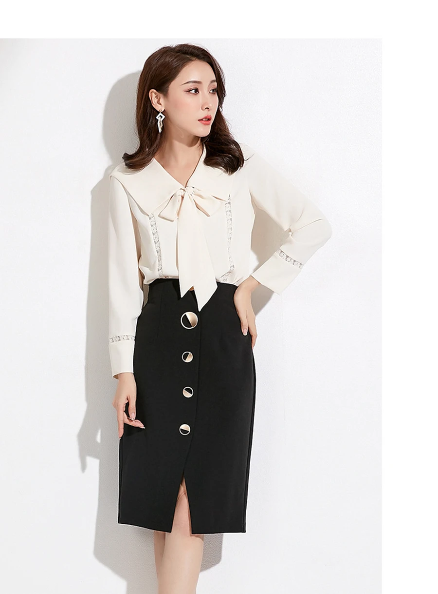 Autumn Winter Women Sexy Skirts High Waist Black Knee-Length Splitting Skirt Office Lady Business Type Wrap Skirt Single Button (14)