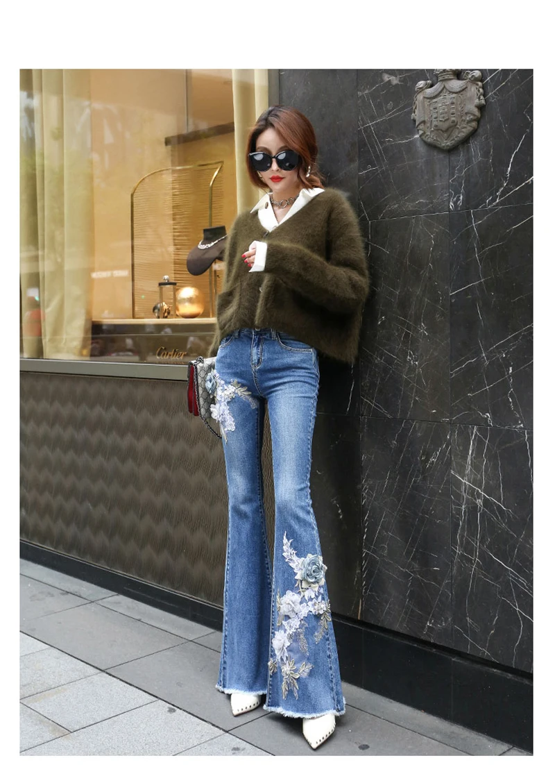 Женские синие джинсы с вышивкой и аппликацией, женские джинсы с высокой талией, узкие эластичные длинные брюки, корейский стиль