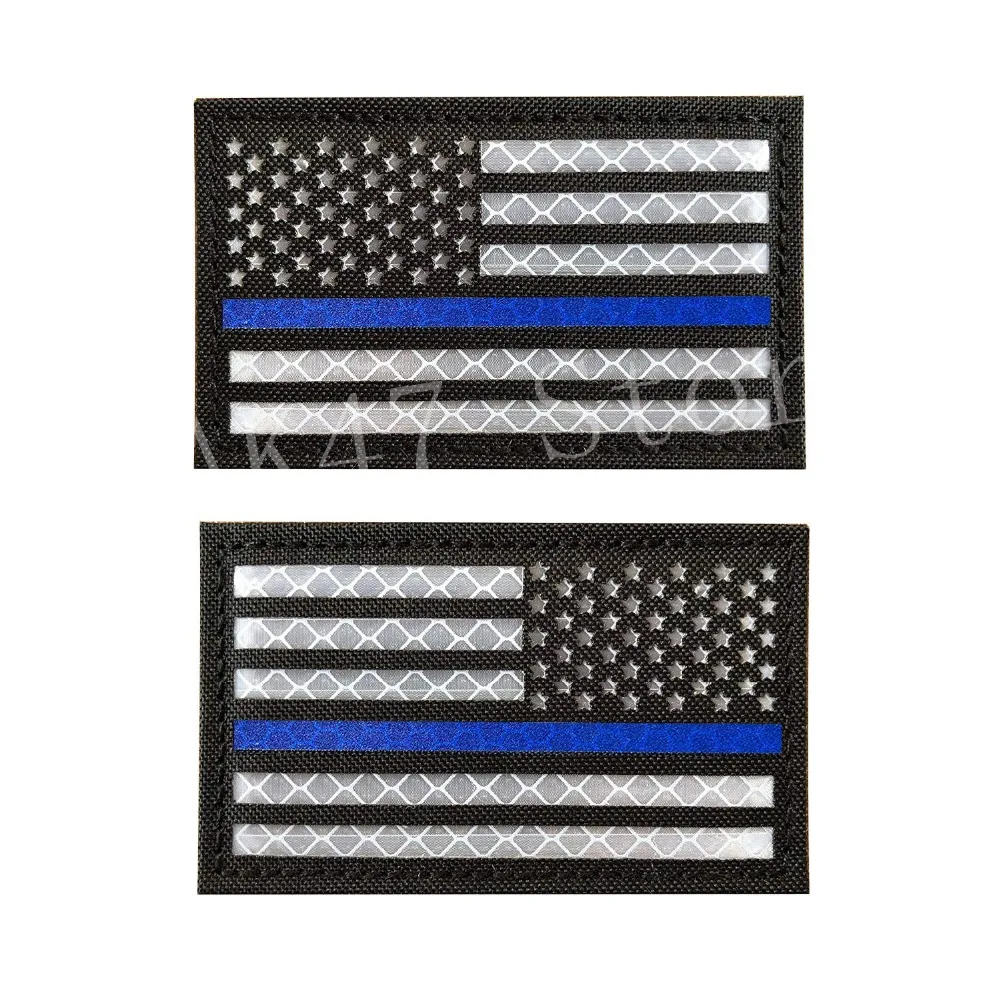 AMERICAN USA FLAG EMROIDERED Reversed REFLECTIVE HOOK LOOP 2 pc PATCH