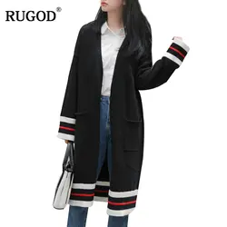 RUGOD 2018 Элегантный трикотажные кардиганы Для женщин корейский стиль Цвет лоскутное длинный кардиган пальто осень-зима теплые свитера