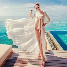 Женское пляжное платье, длинная туника, однотонная белая пляжная одежда из шифона, с рукавами-крылышками, сексуальный прозрачный купальник