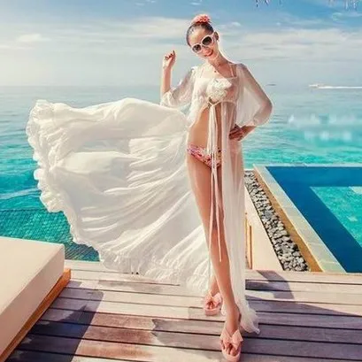 

Beach Dress Women Long Tunic Cover Up Solid White Beach Wear Chiffon Flouncy Cover Ups Sleeve Sexy See Through Swimsuit CoverUp