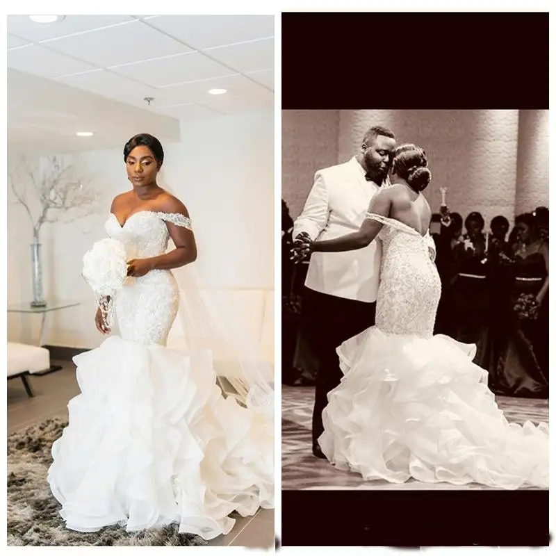 

Off Shoulder Mermaid Lace Wedding Dresses 2019 Beading Tiered Bridal Gowns Formal Ladies Wedding dress Plus Size Vestidos