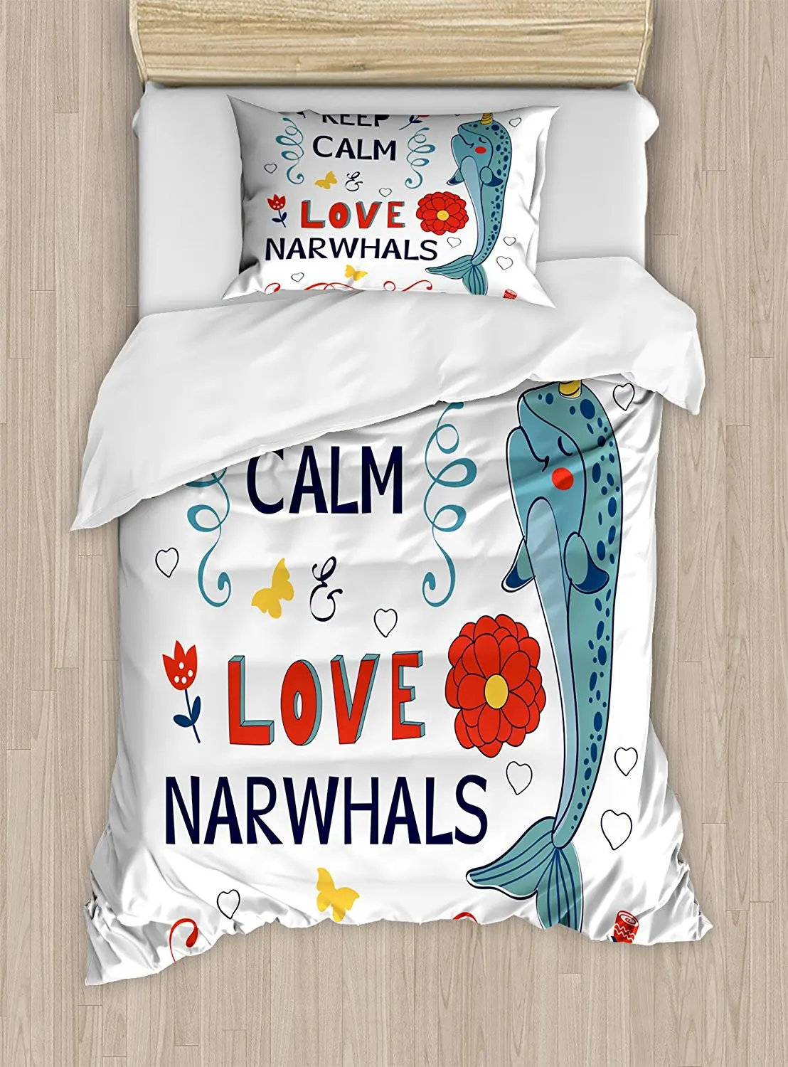 

Duvet Cover Set , Pop Culture Phrase with Unicorn of the Ocean Design Colorful Cartoon Character, 4 Piece Bedding Set